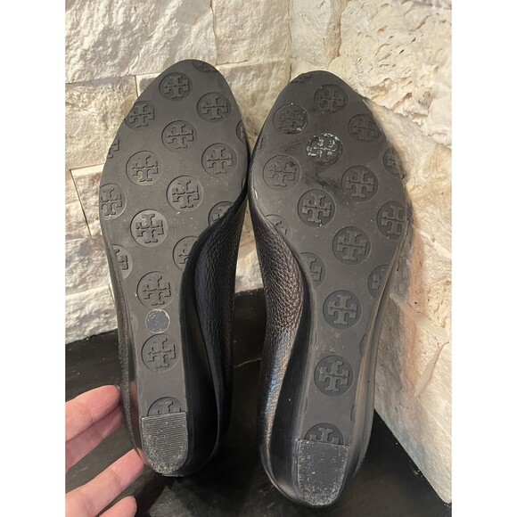TORY BURCH-Sally- Wedge (1") Peep Toe Black Pebbled Leather Shoes Perfect! Sz 7 - Picture 8 of 8